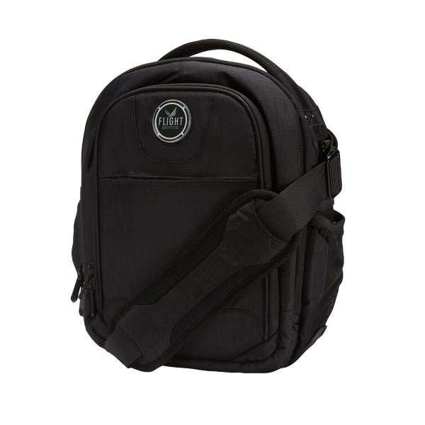 Black backpack with a visible brand logo on a white background