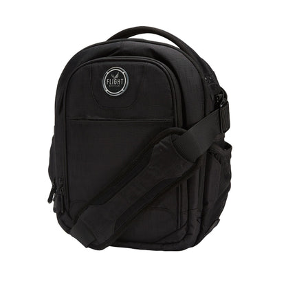 Black backpack with a visible brand logo on a white background