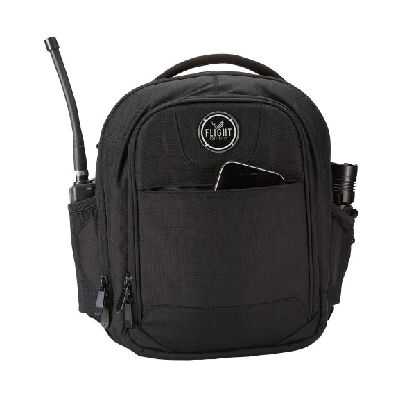 Black backpack with antennas and a visible brand logo on a white background