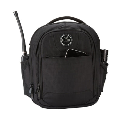 Black backpack with antennas and a visible brand logo on a white background