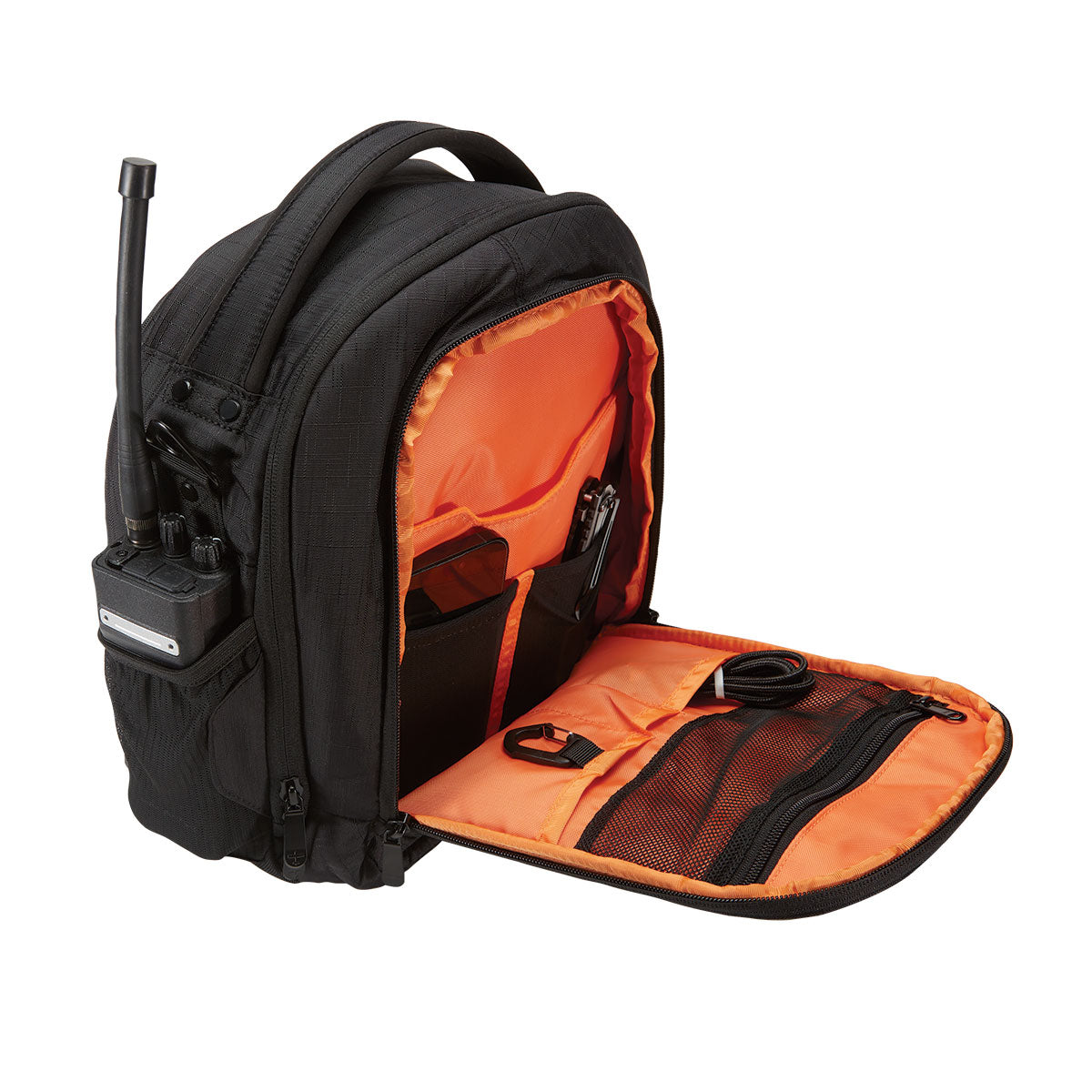 Black backpack with orange interior and open side pocket on a white background