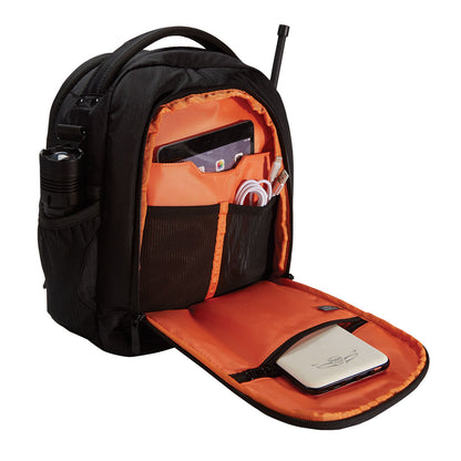 Black and orange backpack with compartments on a white background