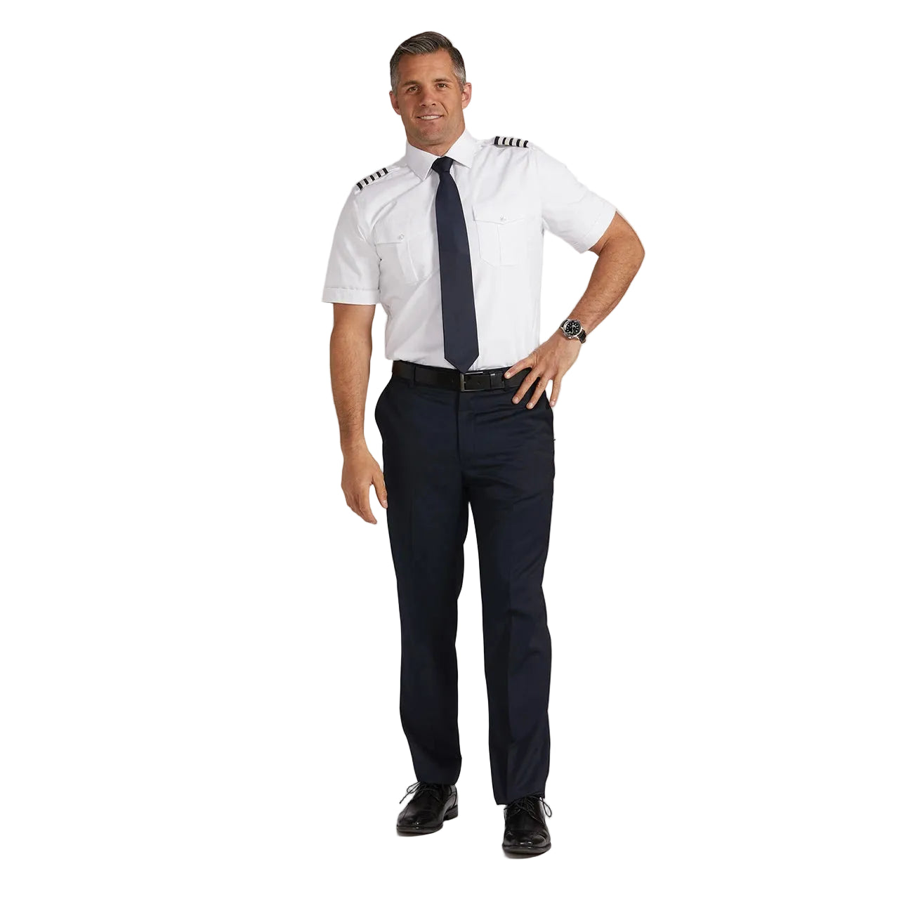 Man wearing a pilot's uniform with a white shirt, black tie, and dark pants on a gray background