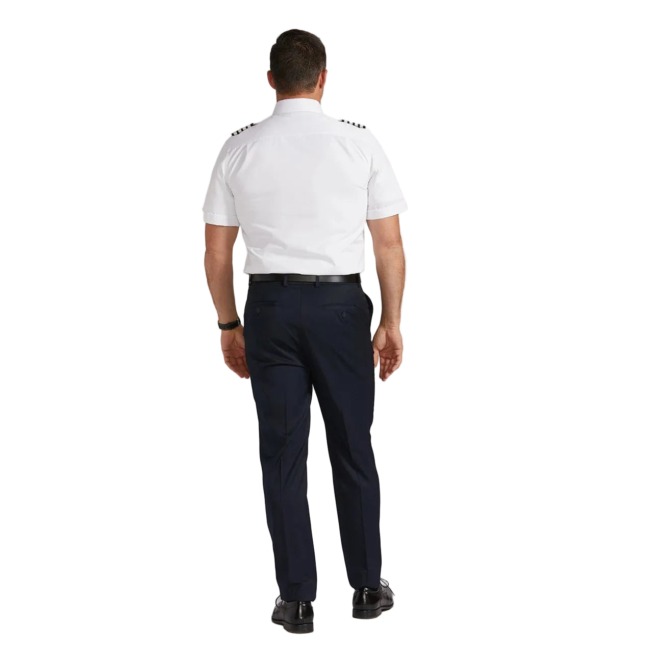 Person wearing a white uniform with black pants on a plain background