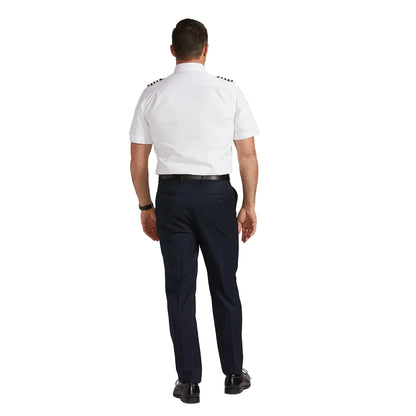 Person wearing a white uniform with black pants on a plain background