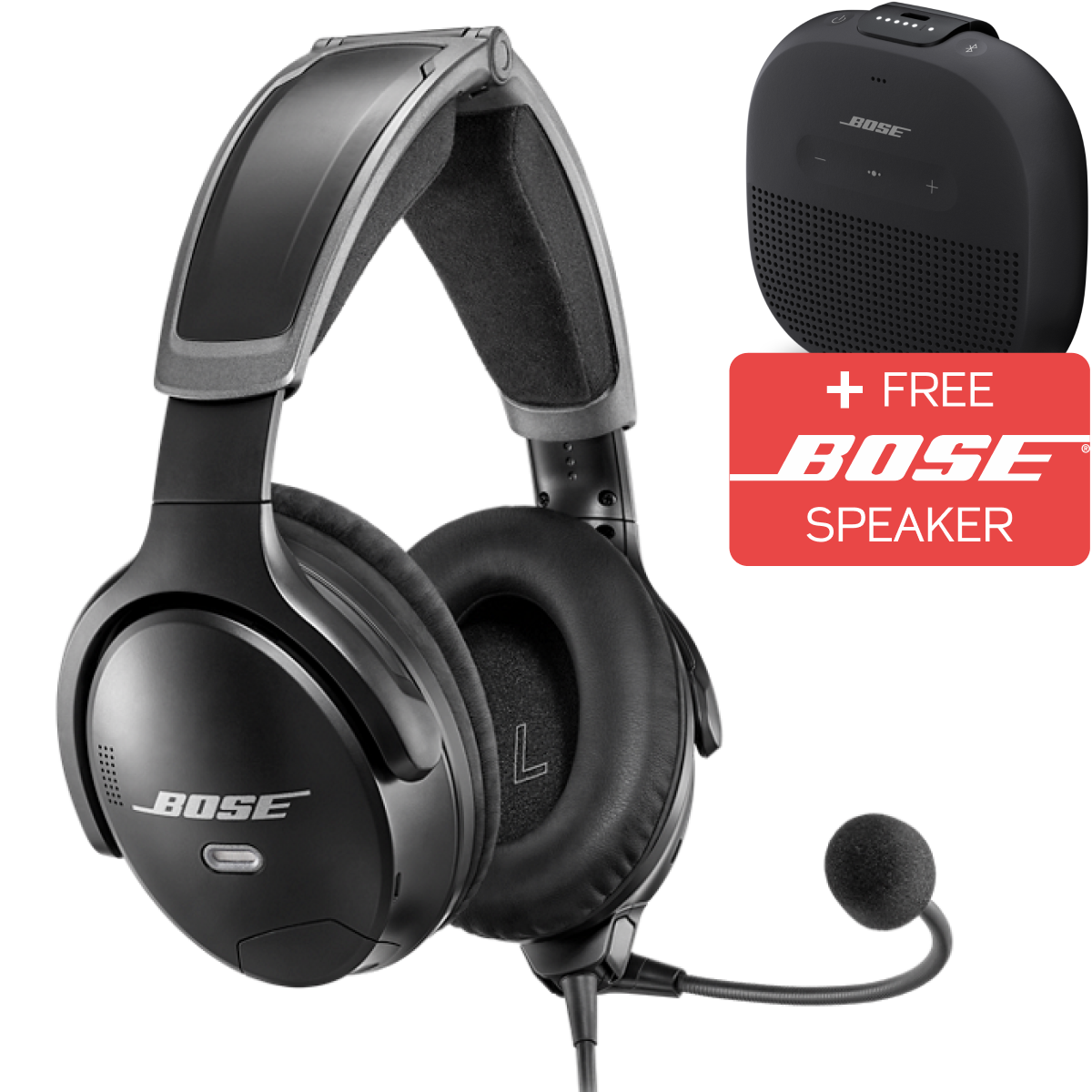 Bose gaming headset with free Bose speaker offer on a white background